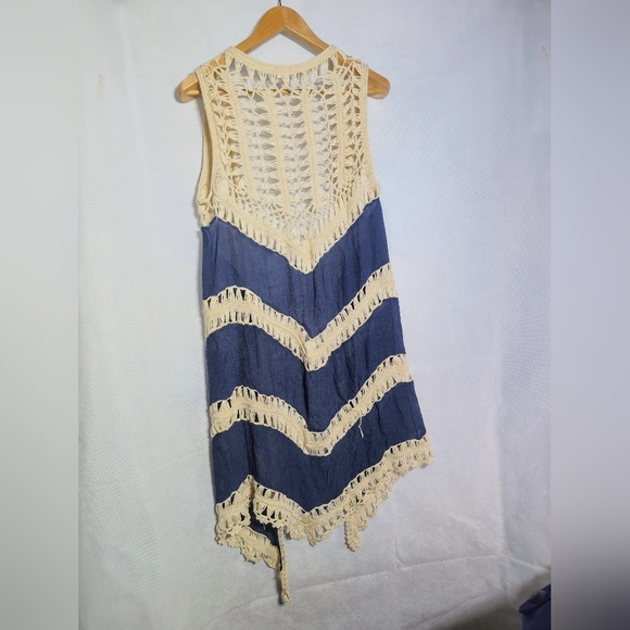 Vivid Importers Of NY L Long Bohemian Crochet Vest with Blue Denim Stripes - Picture 3 of 5